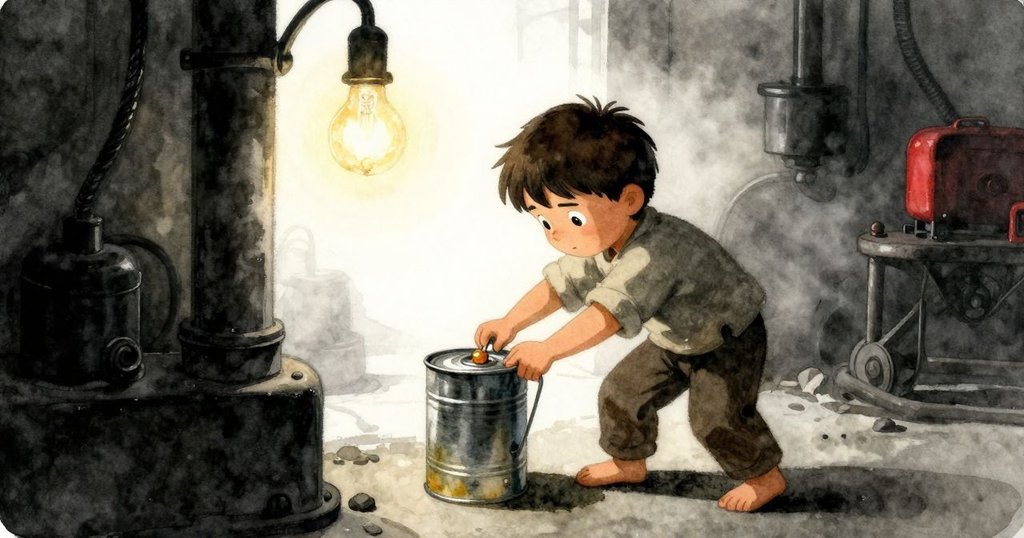 布拉姆在溫暖燈光下傾倒油罐，油珠滑向銅鉸，房間內機械器材與木凳交織出神秘光影