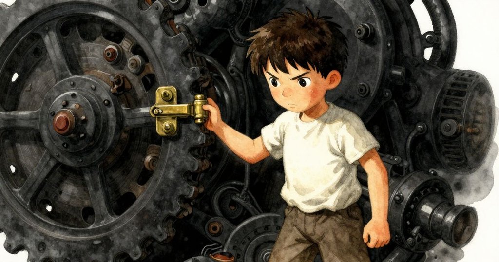 銅鉸上固執的油珠映出微光，布拉姆身影隱約展現，層次分明展現機械細節與緊迫感