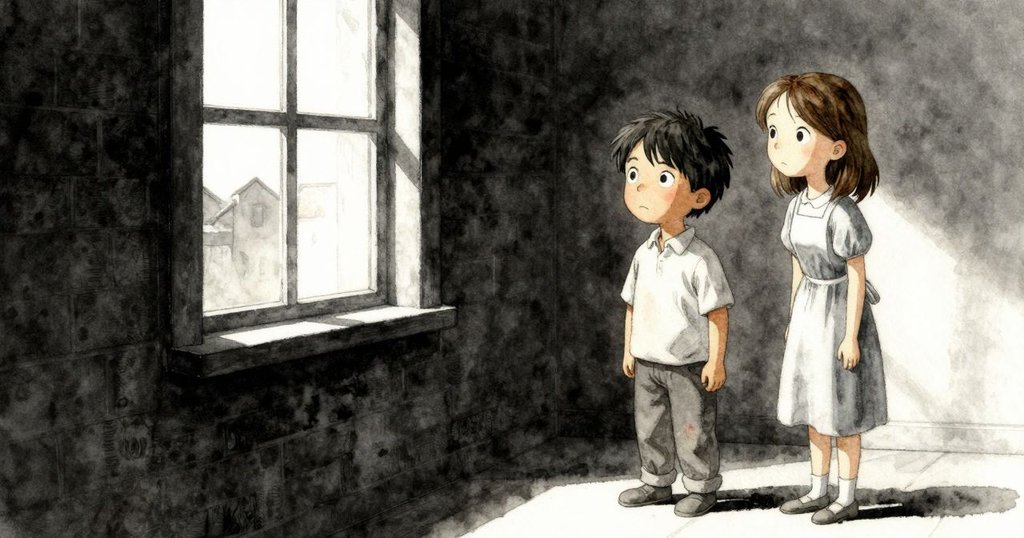 透過窗戶可見室外冷光，孩童笑聲隱約傳來，室內暖色光影與器械韻律形成對照，情緒微妙