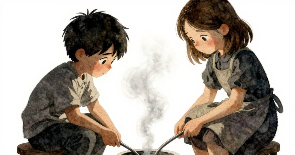 布拉姆坐在木凳上放鬆身心，旺達輕撫油漏修整器械，溫柔燈光下表情平靜，器械節奏轉為柔和