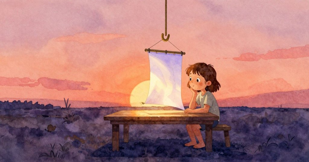 喬艾爾在戶外泡泡站準備工具，桌上銅鉤與皂膜在戲劇性陰影中閃爍