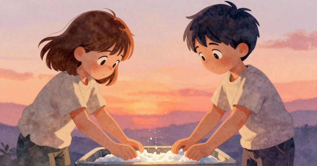 喬艾爾專注地撫摸皂液槽，手指輕觸濕潤表面，金色微光中呈現細膩動作