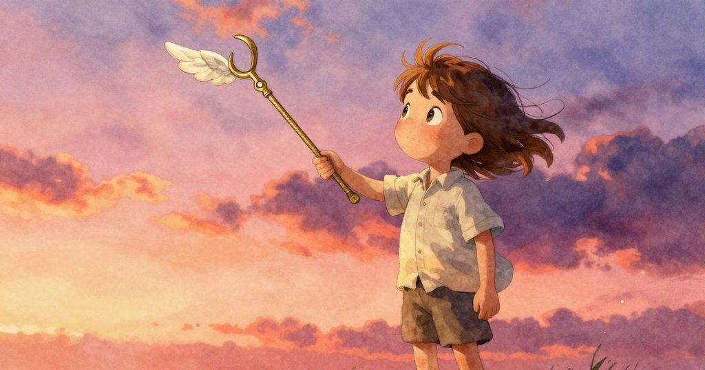 透過扭曲視角呈現銅鉤與環狀魔杖，鬆動螺帽在微風吹拂下輕輕搖曳，喬艾爾靜觀細節