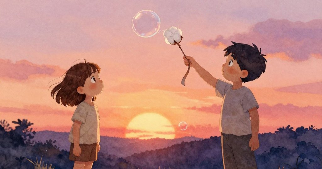 喬艾爾放開絲帶形成無聲綻放的泡泡，諾埃爾旁立靜看，夕陽餘暉中動作與情緒呼應