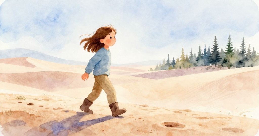 芬娜清晨在沙丘上行走，薄霧繚繞，沙粒輕揚，她專注望著旁邊移動的甲蟲，充滿好奇