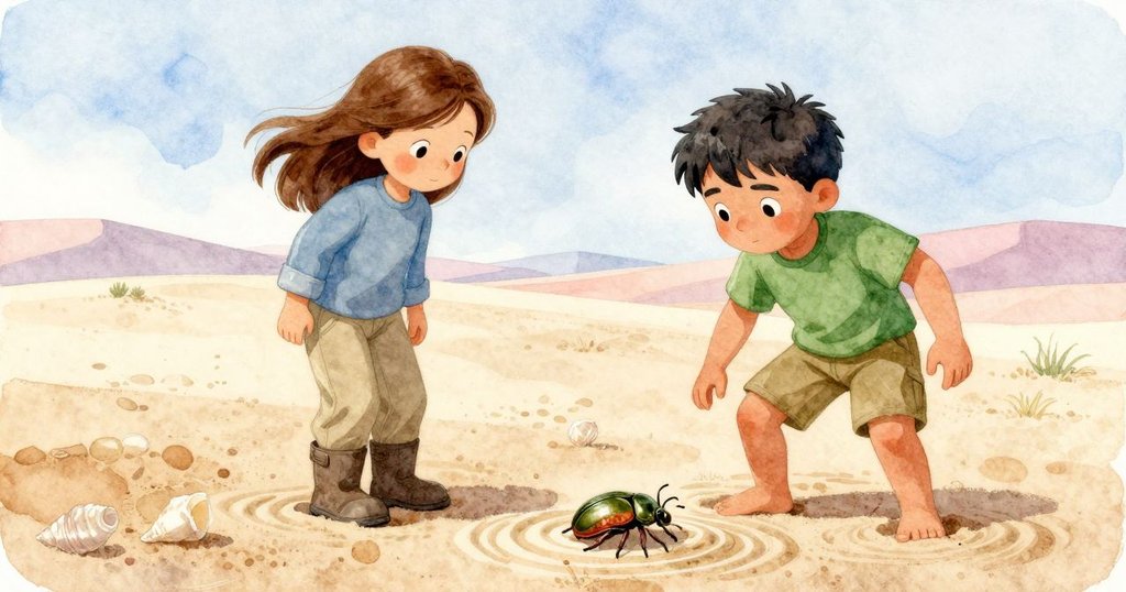 甲蟲近距離特寫在沙丘波紋上，閃亮黑色外殼和刺狀腿部在清晰光影下顯得十分鮮明