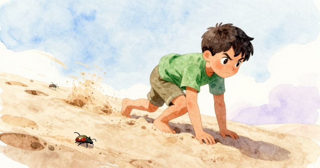 凱倫充滿活力地攀登沙丘，腳印留在流動的沙上，微風中甲蟲輕輕移動，展現堅定與動感