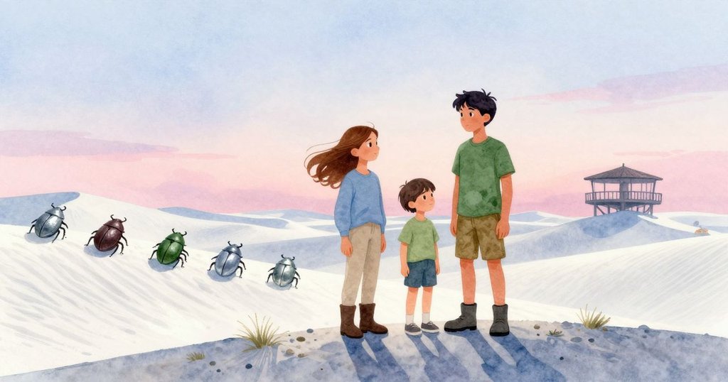 傍晚時分，芬娜與凱倫站在沙丘之頂，背景中銀白陽台與整齊排列的甲蟲映襯寧靜夕陽，場景祥和