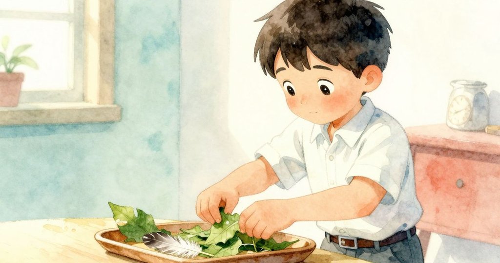 艾登從低角度出現，專注從托盤上取下飄落的葉子與羽毛，動作穩重室內光線柔和