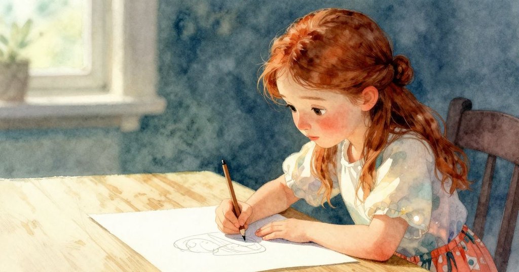 薇薇安在懷舊色調中描繪銅幣輪廓，專注筆觸呼應過往日常，室內柔和光線營造溫馨回憶