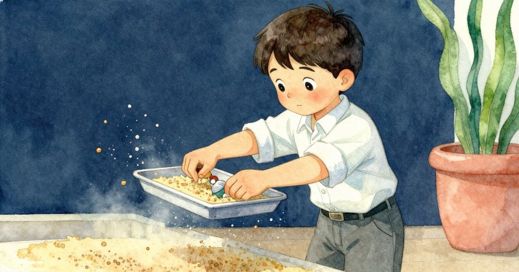 艾登動態中整理托盤，隨動作葉子與沙粒輕舞，室內光線強調因果瞬間，動作流暢且充滿決斷