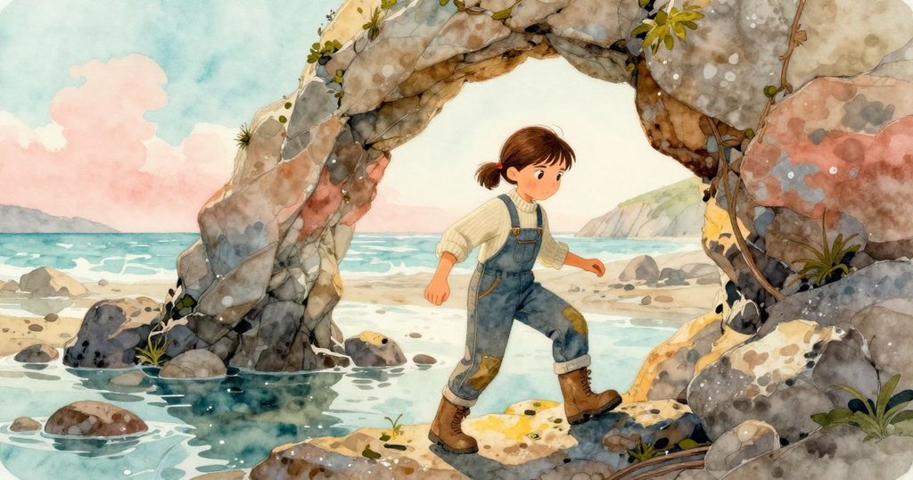 露比穿越天然石拱門進入潮濕平地，表情堅定，背景展現晨光海岸景色，故事開始展開