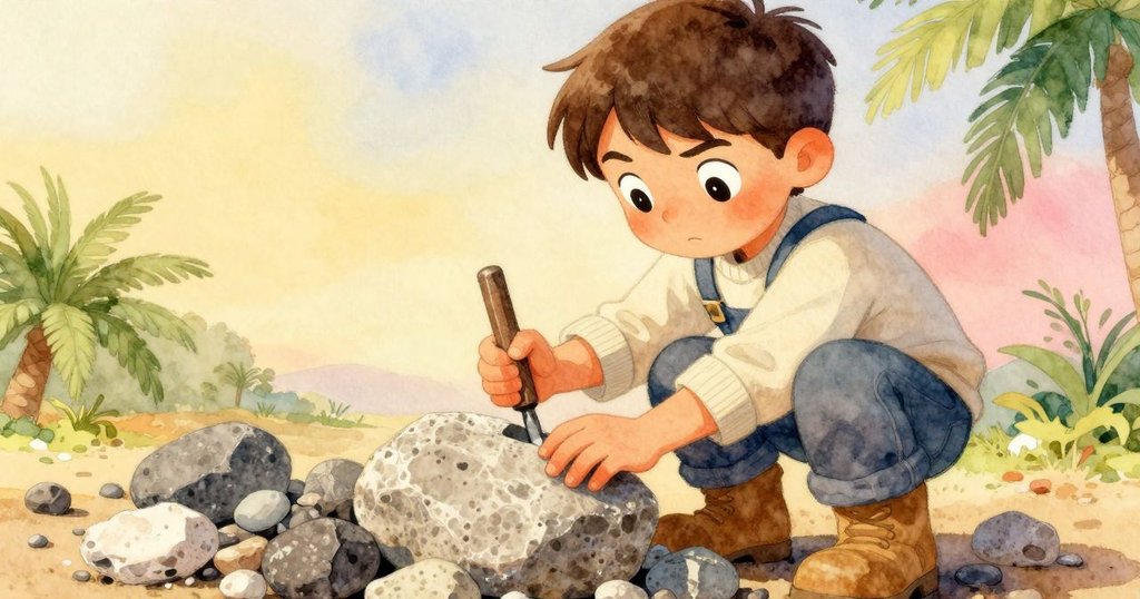 露比專注地將玄武岩石塊嵌入裂縫中，雙手靈巧操作工具，背景呈現歷史感的潮濕石景