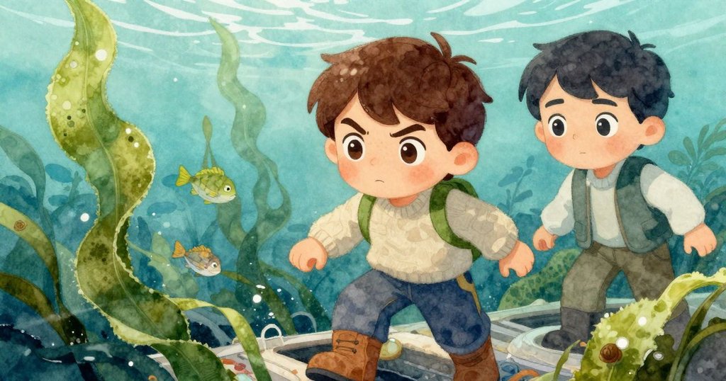 水下景觀展示排水溝中海藻搖曳，小魚和蝸牛悠然移動，透光水面形成夢幻拼圖