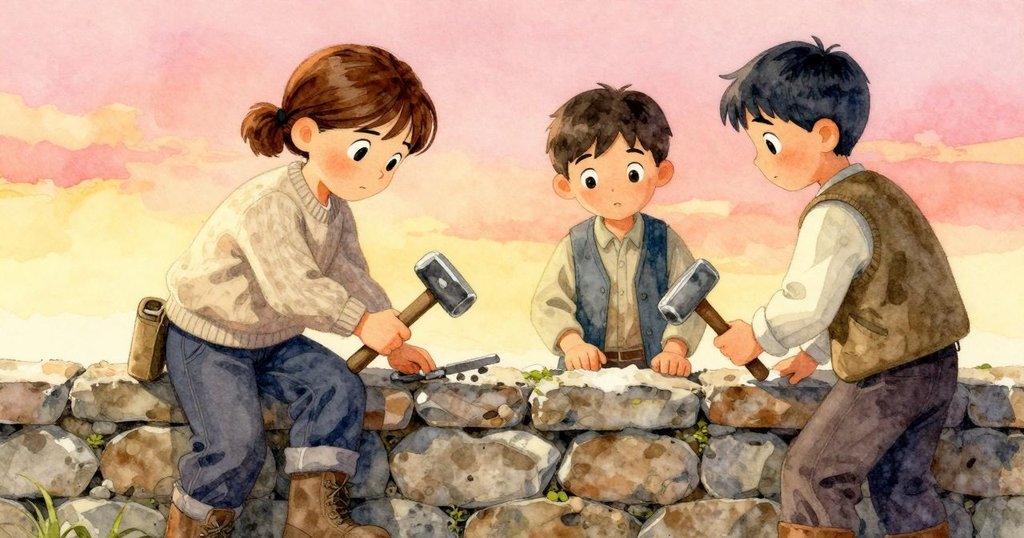 凱恩敲擊石塊，露比用鑿子調整石塊，兩人合作默契，背景呈現海邊建牆場景