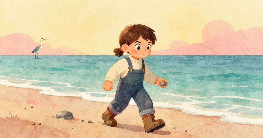 露比滿意地後退並輕輕拋出淺色石塊，背景夕陽映照海岸，遠處有一隻白鷺靜靜注視，結局溫馨