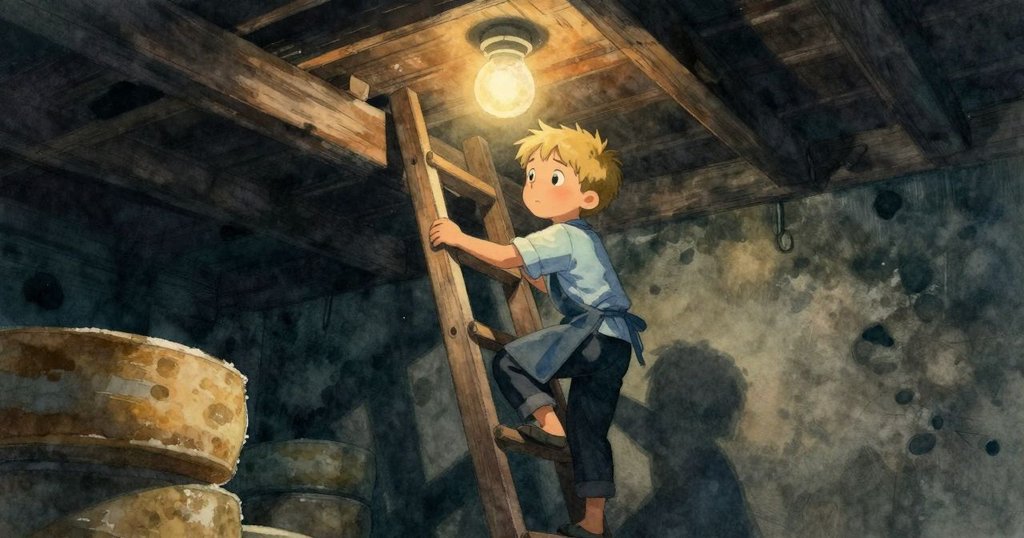 男孩懷著好奇心攀爬梯子進入奶酪房，燈光形成明亮橢圓影子，環境充滿溫暖與神秘感