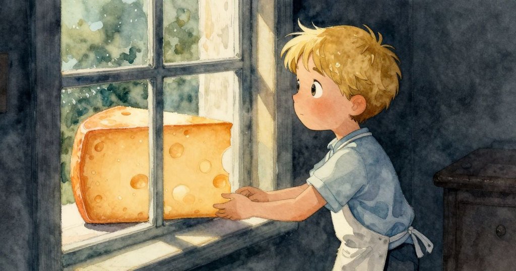 男孩站在窗邊凝視奶酪上微妙光影交錯，燈光變幻中散發神秘光澤，神情專注充滿好奇