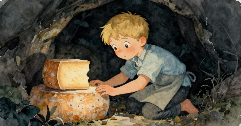 男孩探索隱秘角落，發現在柔光映照下散發微光的陳舊奶酪，背景中隱藏著樹板上的印痕，場景神秘而溫馨