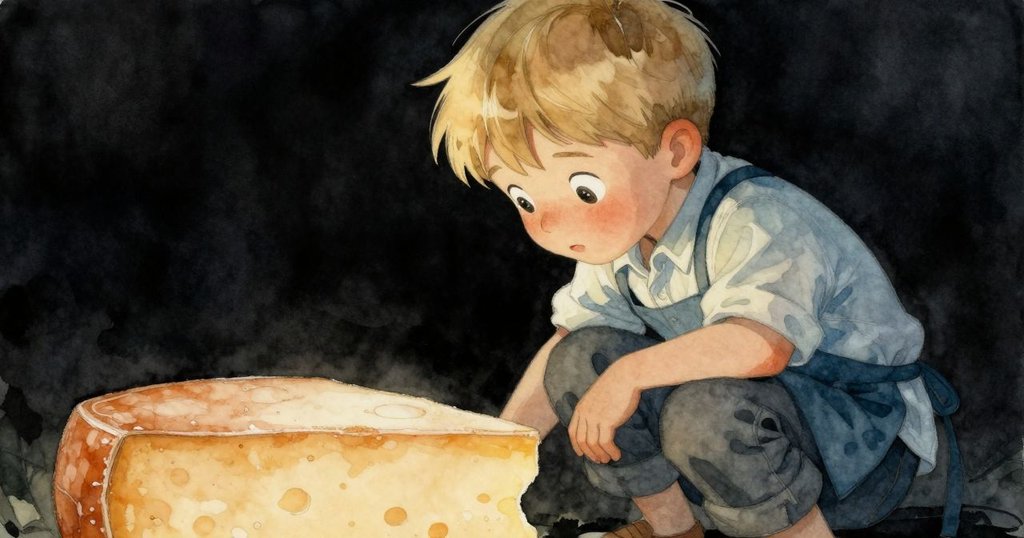 男孩蹲在奶酪旁，專心觸摸表面，臉上流露著掙扎與好奇，燈光柔和突顯細節