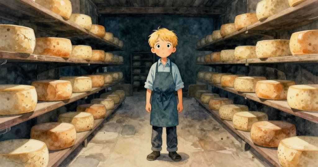 男孩站在整齊排列的奶酪中，回望探索過程，燈光柔和充滿溫暖，表情中透出滿足與沉思