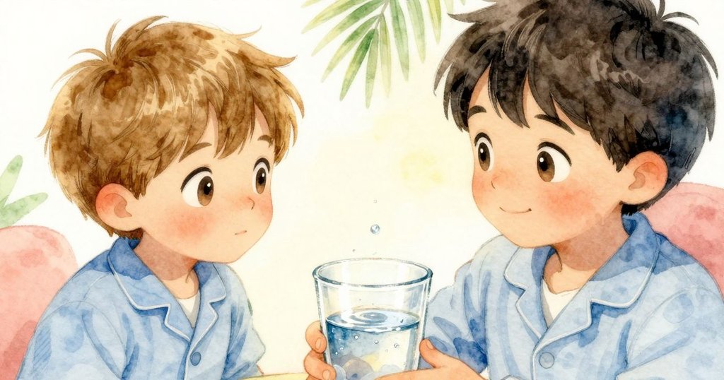 水杯在桌上輕顫，波紋漣漪細膩展現滴水瞬間，火車艙內靜謐情境充滿細節