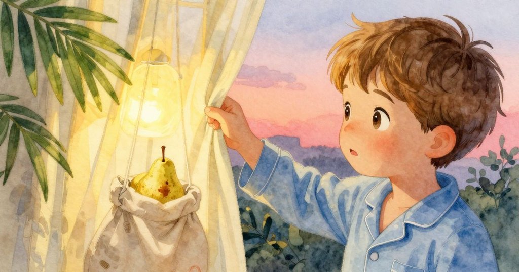 耶斯羅舉起窗簾，發現布袋中突出的瘀傷梨，果汁在溫暖燈光下閃耀，細節生動