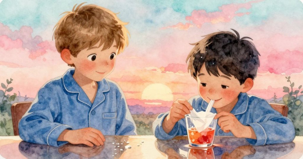 餐巾紙緩緩沉入閃爍果汁池中，如水下夢幻般景象，火車桌面泛著柔光細膩展現