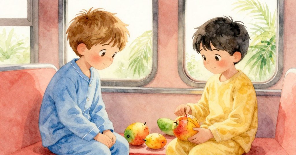 耶斯羅與喬納斯在火車艙內互動，小心處理黏稠瘀傷梨，彼此點頭示意，情感微妙而溫暖