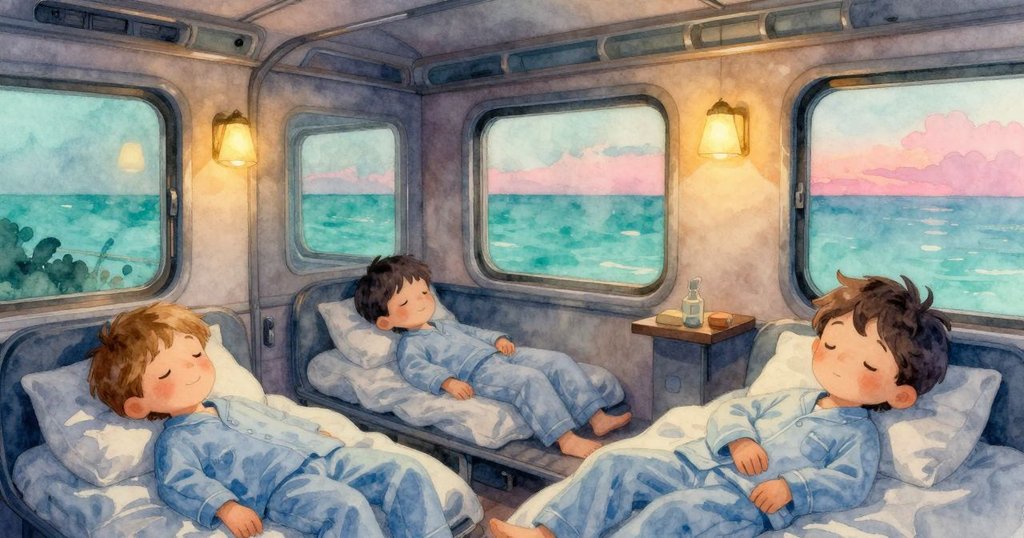 火車艙內燈光漸暗，兩位男孩安睡於鋪位，窗外軌道燈光流動，整體場景寧靜祥和
