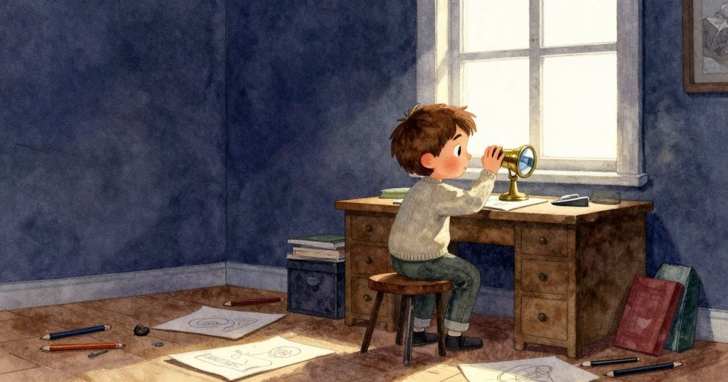 Graeme 正在按壓銅邊放大鏡，房內桌上散落著鉛筆與素描紙，神情專注，背景充滿溫柔自然光