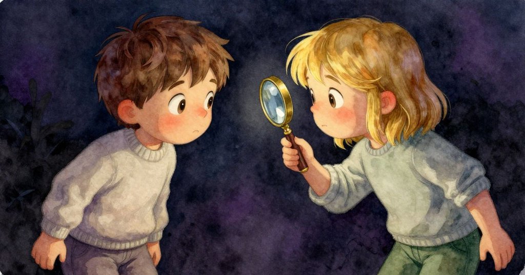 Graeme 的手指輕觸銅邊放大鏡，特寫展示溫暖光線照耀金屬細節，動作輕柔而細膩