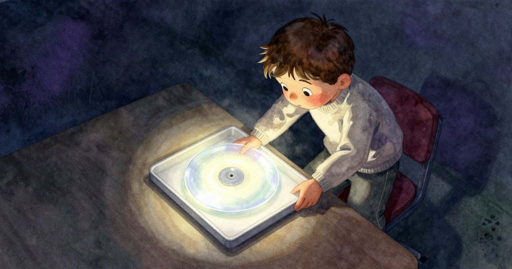 從上方視角觀察，Graeme 低頭注視桌上閃光的圓盤，周圍散落著素描與小石子，氛圍靜謐而充滿魔幻