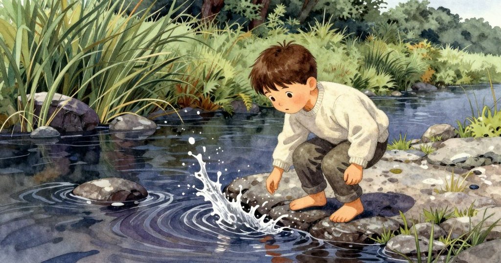 Graeme 站在河畔，小心撿拾光滑板岩，周圍石頭被流水輕敲，蘆葦隨微風輕擺，環境寧靜自然