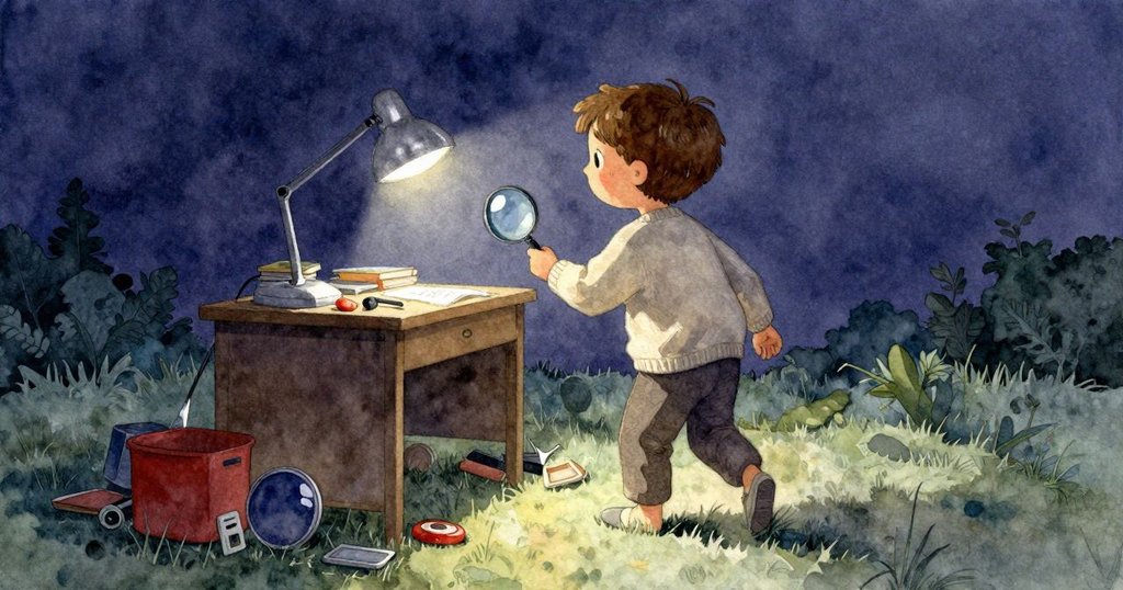 Graeme 從工作桌後退，室內物品靜止，放大鏡懸掛，寧靜夕陽映照下展現專注與滿足感