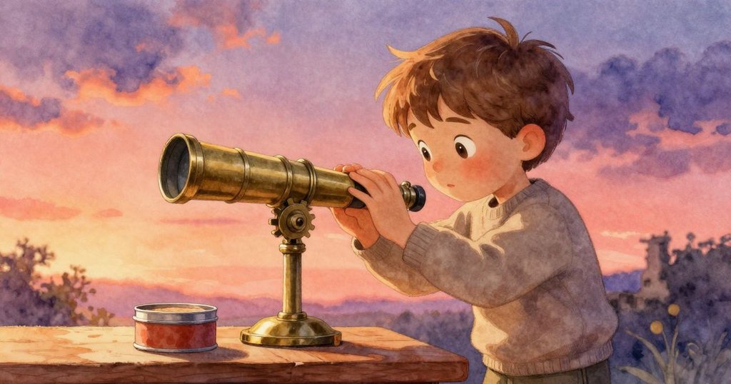 克蘭的手正輕輕按壓天文望遠鏡上的齒輪，背景中模糊的餅乾罐透露著溫暖細節