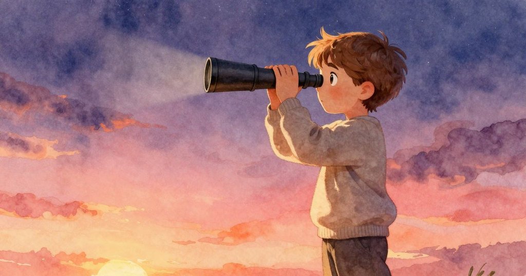 克蘭透過望遠鏡觀察夜空，看到餅乾屑排列成星圖，氛圍神秘而溫柔