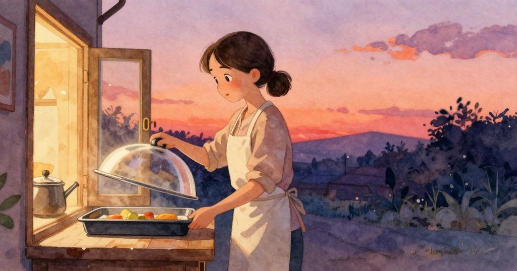 佐拉站在桌邊，輕輕掀開烤盤蓋子，背景中半敞的穹頂門透露夜空光芒，神情溫暖堅定