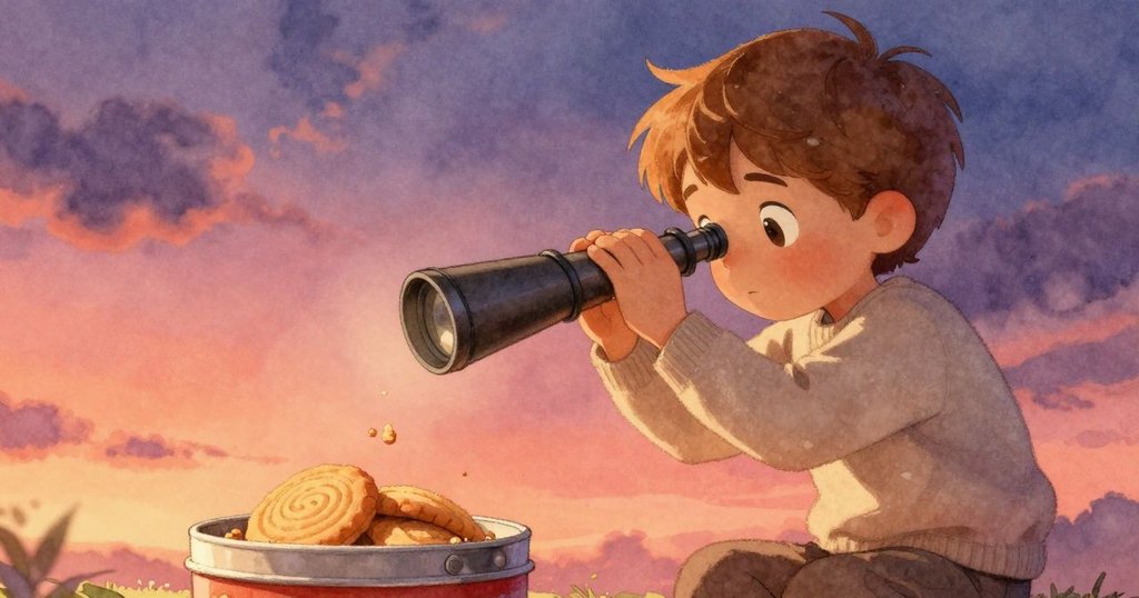 克蘭調整望遠鏡的按鈕，近拍餅乾罐中餅屑排列成星圖，光線柔和且細節豐富