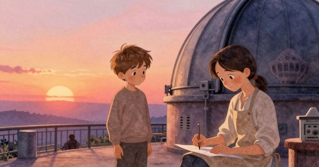 克蘭在天文室中用鉛筆在圖表上繪圈，佐拉在背景靜靜觀察，整體氣氛寧靜而充滿成就感