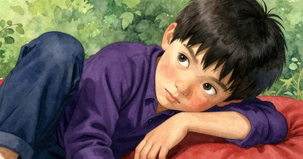 Kent盤坐於石上,專注凝視周圍光影交錯,眼神中流露出驚奇與沉思,溫柔光線映照其面容。