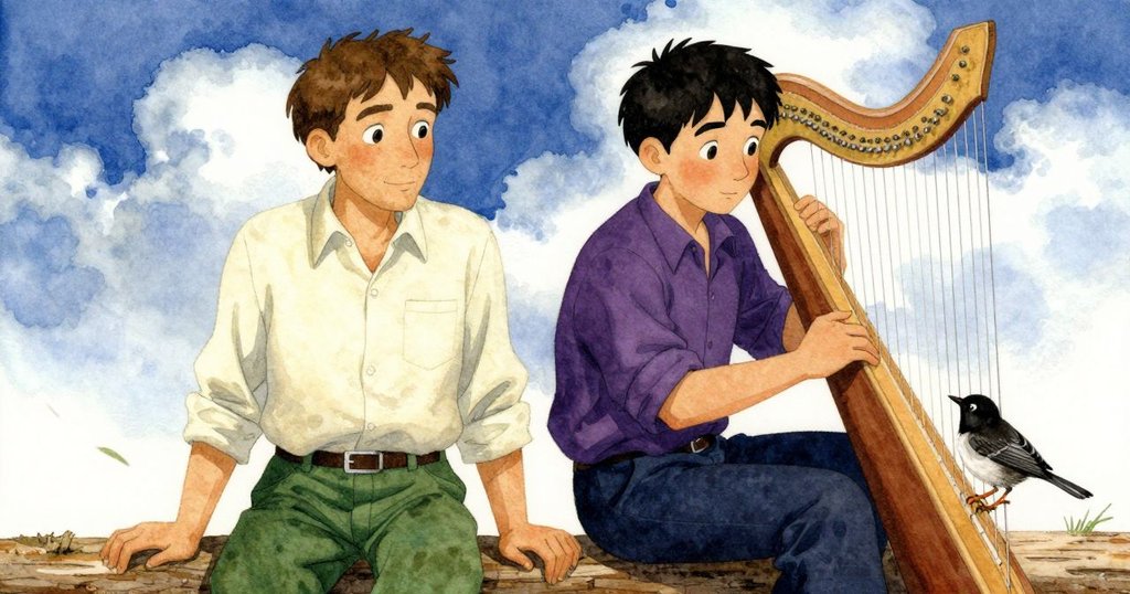 一隻知更鳥優雅降落在雪松邊緣上,輕啄古老豎琴弦,明亮雲彩襯托下動作細膩生動。