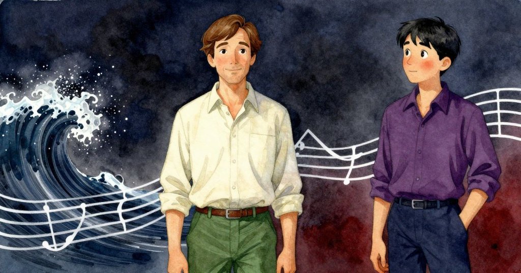 Floyd與Kent凝視豎琴與知更鳥間交織的樂聲,空氣中灰塵與光影交錯,呈現夢幻般詩意畫面。