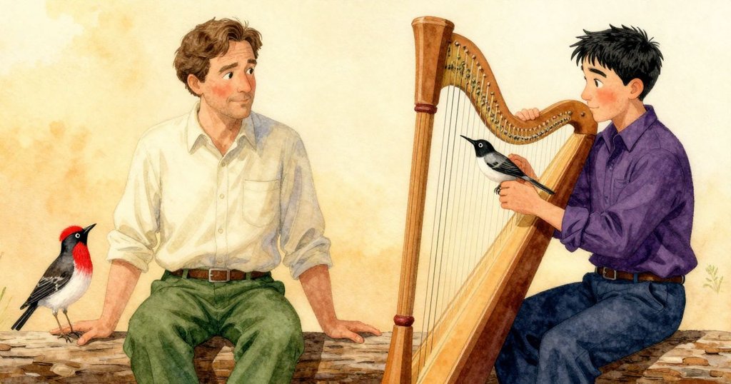 Floyd輕敲雪松邊緣,知更鳥調整翅膀於豎琴上,Kent靜觀細微互動,溫暖光線烘托寧靜情境。