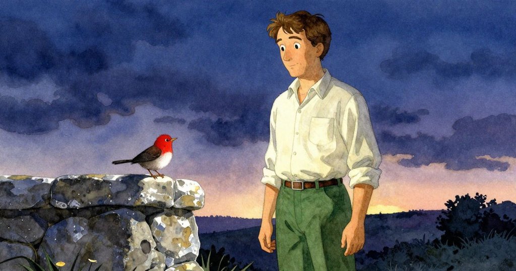 Floyd依依不捨地離開石頭,知更鳥穩坐於邊緣,柔和暮光與溫暖餘暉中展現寧靜離別意境。