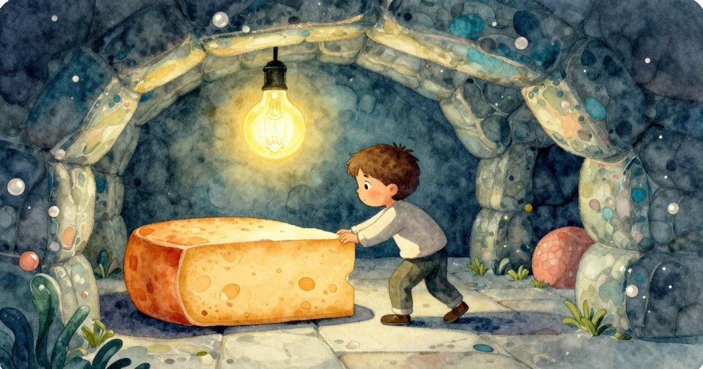 Raine走進石牆地下室，朝著燈光下的起司輪前進，表情堅定且充滿期待，展現故事開端的神秘氛圍