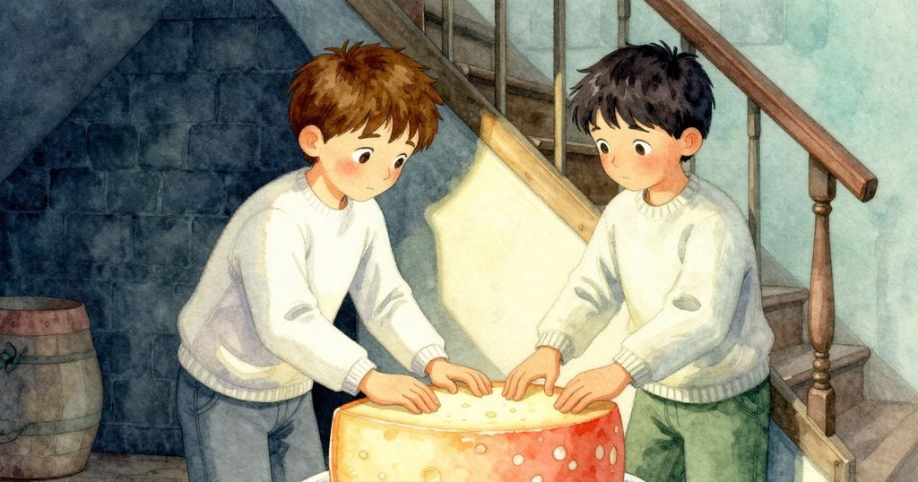 Raine專心操作起司輪，另一邊的Noel站在樓梯光影中輕輕示意，兩人在合作中展現默契與溫暖