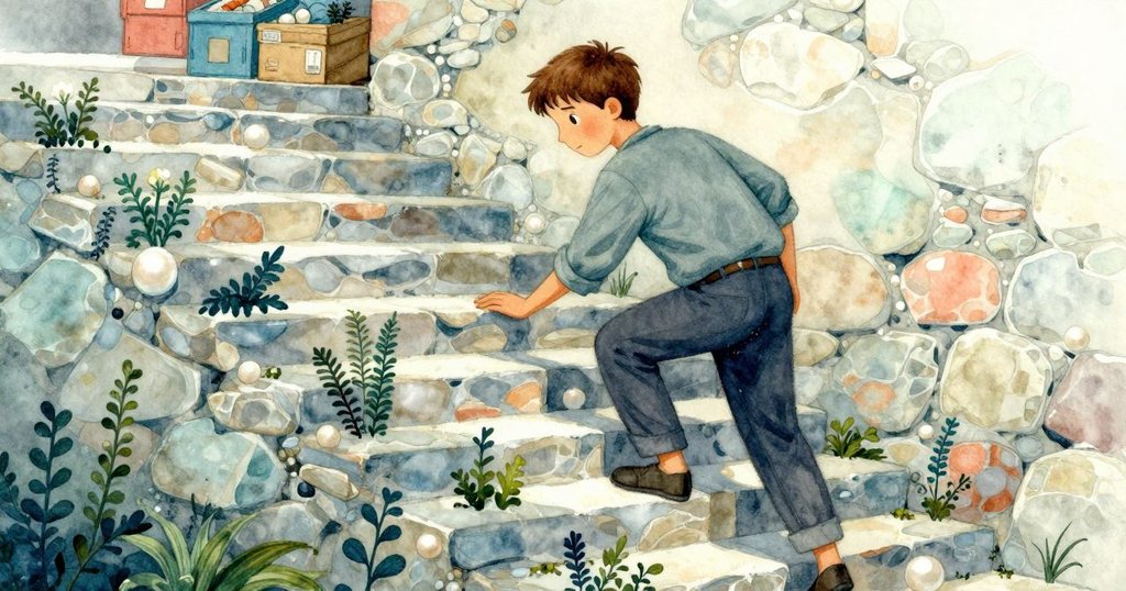 Raine小心踏上粗糙石階，上方盒子和散落的草藥呈現秋日氛圍，彰顯任務轉折時的細膩情感