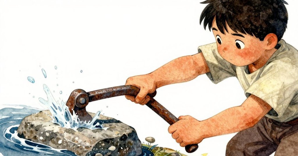 烏爾里克堅定地運用生鏽扳手撬動嵌入閘門的石塊,水流隨之湧動,展現緊迫與決心