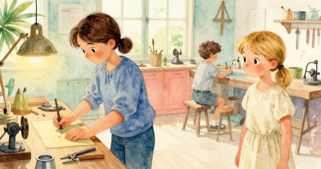 Shea與Blake在溫暖燈光下於雜物小店工作，從上方角度展現工具和架子，氛圍專注且溫馨。